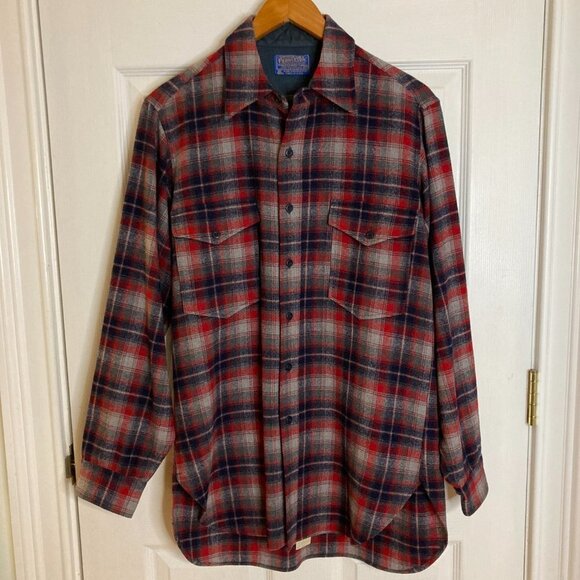 Vintage Pendleton Pure Virgin Wool Red Blue Gray Plaid Flannel Shirt Size 15 1/2 - Picture 7 of 7